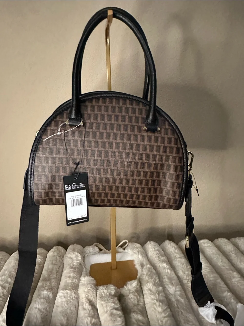 Karl Lagerfeld Brown & Black Monogram Dome Satchel NWT